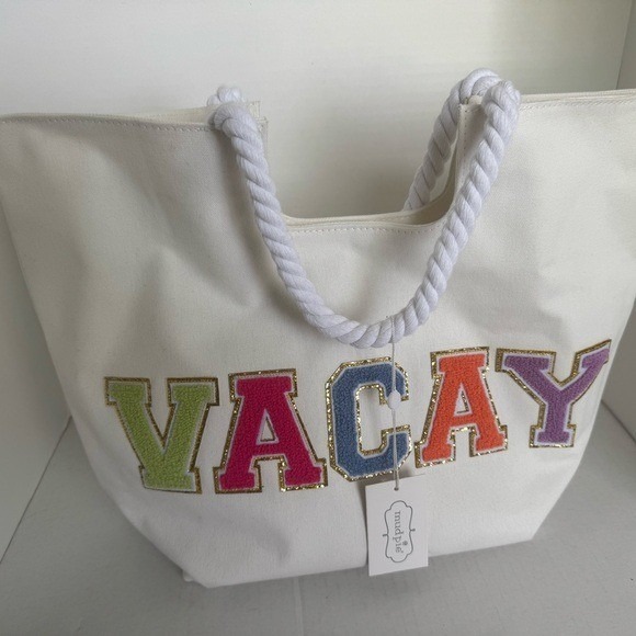 Mud Pie Canvas Patch Tote Bag Vacay White Rope Handles Beach Vacation NEW - Picture 2 of 8